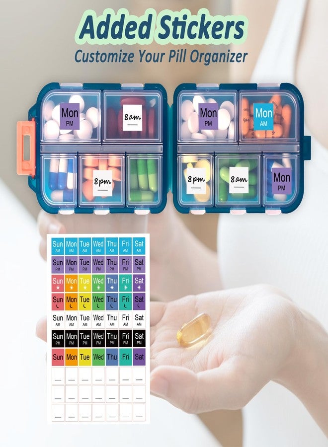 Cualfec 2 Pack Pill Organizer Travel Case - 10 Compartments Portable Medicine Container with 330 Labels, Double Lock Design (Blue & Chocolate, 2 Boxes) - Image 4